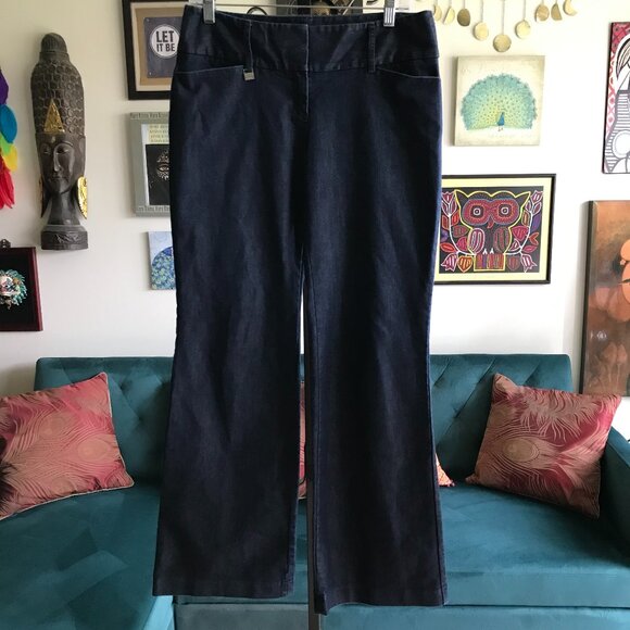 EXPRESS size 6R Dark Wash Stretch Denim Wide Leg Flare Editor Jeans Pants - Picture 1 of 4